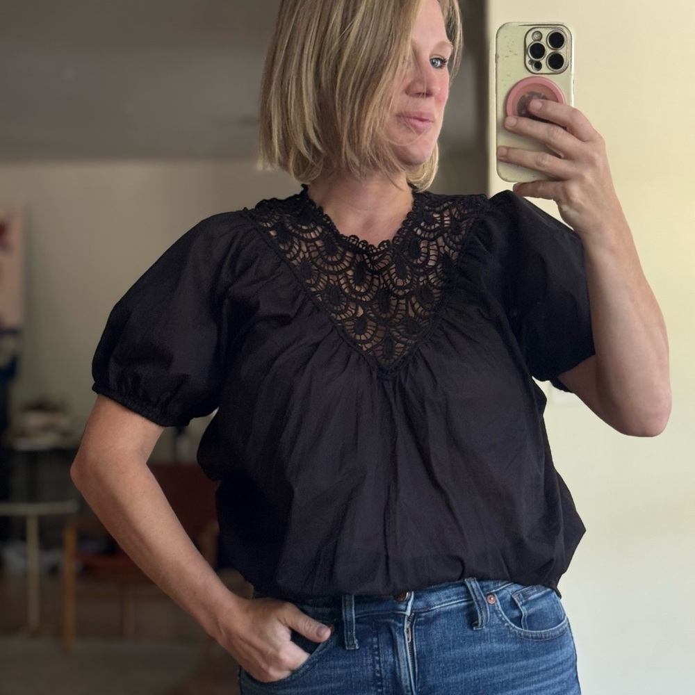 Calypso St Barth Medium Luxury Black Lace Gauze Semi Sheer Women's Top Shirt
